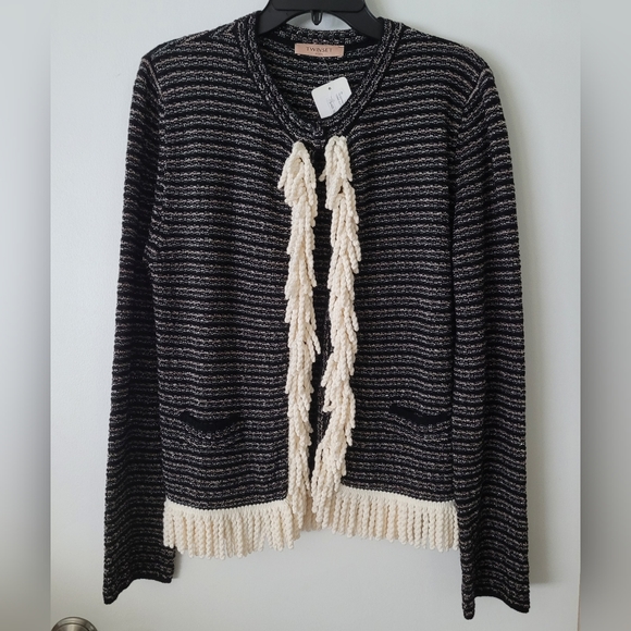 New Twinset Milano Sz M Jacquard Luxury Designer Cardigan Sweater Jacket Fringe - Picture 4 of 12